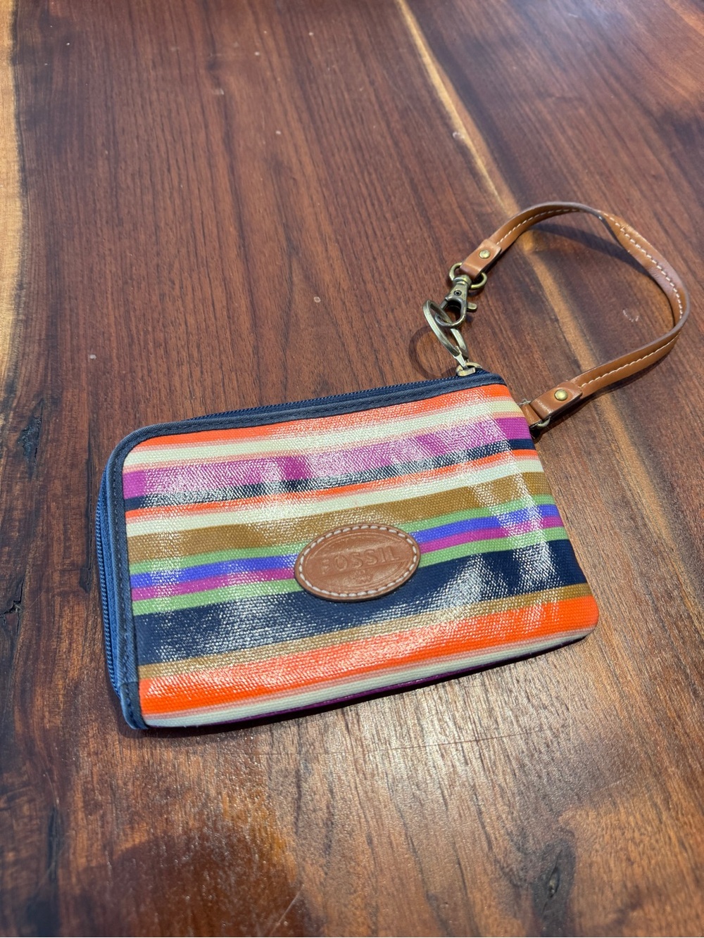 Fossil Multistripe Wristlet in Navy, Orange & Tan